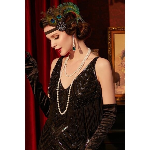 1920s Accessories Set Pearl Necklace Gloves Headband Art Deco Vintage main image 5